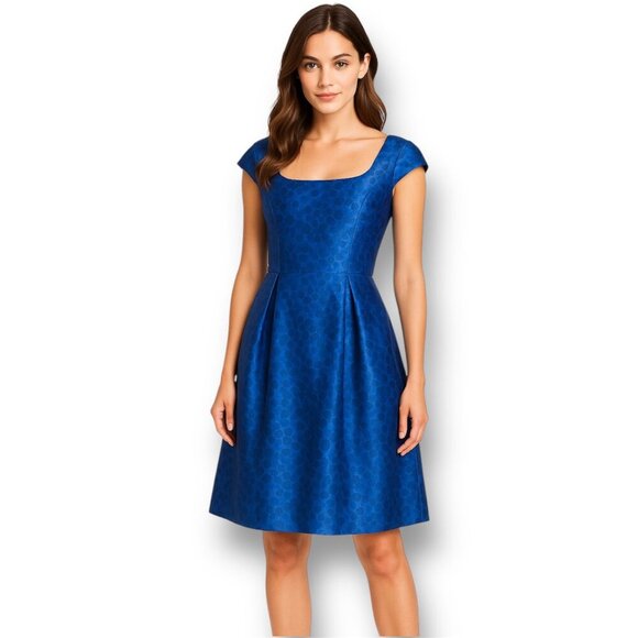 Kay Unger 6 Blue Satin Jacquard Pleated Knee Length Cocktail Dress Wedding Guest - Picture 1 of 9